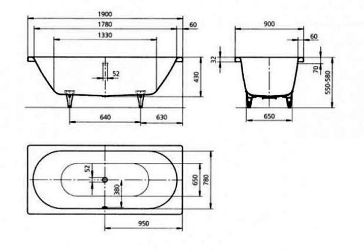 KALDEWEI CLASSIC DUO 114 vaňa 190x90 cm, pre 2 osoby, bez nožičiek, smaltovaná oceľ, Perl-Effekt 291500013001 Technický nákres