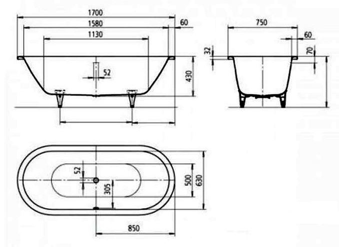 KALDEWEI CLASSIC DUO OVAL 113 vaňa 170x75 cm, pre 2 osoby, bez nožičiek, smaltovaná oceľ 291400010001 Technický nákres