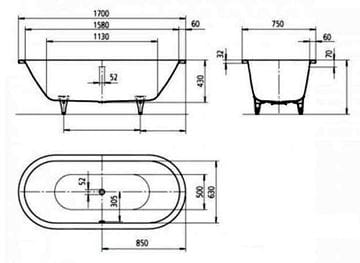 KALDEWEI CLASSIC DUO OVAL 113 vaňa 170x75 cm, pre 2 osoby, bez nožičiek, smaltovaná oceľ, Perl-Effekt 291400013001 Technický nákres