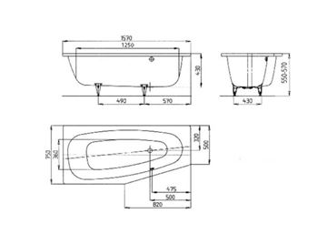 KALDEWEI MINI 830 rohová vaňa 157x75 cm, bez nožičiek, smaltovaná oceľ, Perl-Effekt 224600013001 Technický nákres