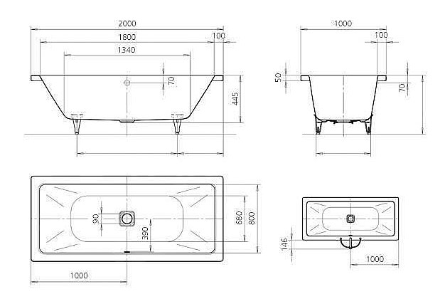 KALDEWEI CONODUO 735 vaňa 200x100 cm, pre 2 osoby, bez nožičiek, smaltovaná oceľ 235300010001 Technický nákres