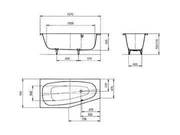 KALDEWEI MINI 834 rohová vaňa 157x70 cm, bez nožičiek, smaltovaná oceľ, Perl-Effekt 224400013001 Technický nákres