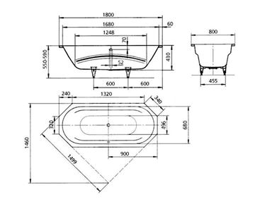 KALDEWEI VAIO DUO 8 953 vaňa 180x80 cm, pre 2 osoby, bez nožičiek, smaltovaná oceľ, Perl-Effekt 233300013001 Technický nákres