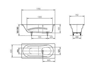 KALDEWEI VAIO SET 954 vaňa 170x75 cm, bez nožičiek, smaltovaná oceľ, antislip 233430000001 Technický nákres