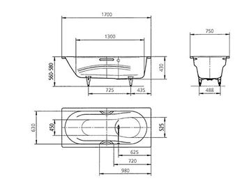 KALDEWEI VAIO SET STAR 955 vaňa 170x75 cm, bez nožičiek, s otvormi pre madlá, smaltovaná oceľ, Perl-Effekt 233500013001 Technický nákres