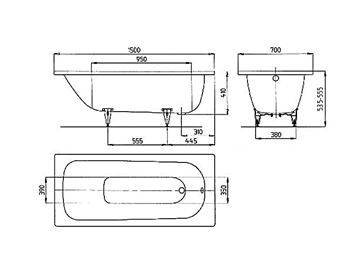 KALDEWEI SANIFORM PLUS 361-1 vaňa 150x70 cm, bez nožičiek, smaltovaná oceľ, antislip, Perl-Effekt 111630003001 Technický nákres