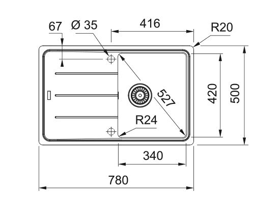 FRANKE BASIS BFG 611-78 fragranitový drez 780x500 mm, otočný, odkvapkávač, sivý kameň 114.0285.186 Technický nákres