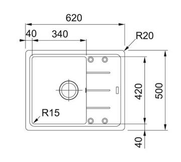FRANKE BASIS BFG 611-62 fragranitový drez 620x500 mm, otočný, odkvapkávač, sivý kameň 114.0285.118 Technický nákres