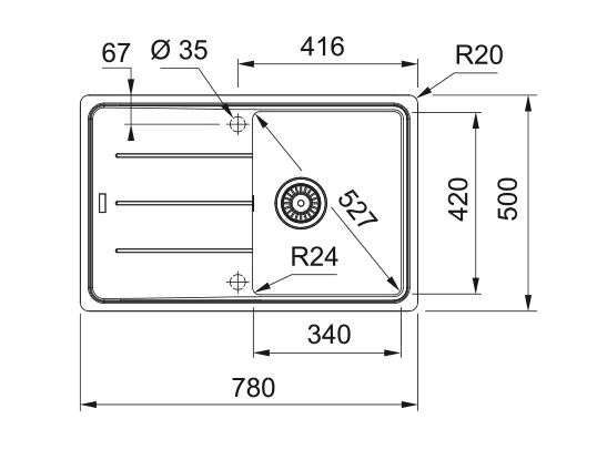 FRANKE BASIS BFG 611-78 fragranitový drez 780x500 mm, otočný, odkvapkávač, biela ľad 114.0285.168 Technický nákres