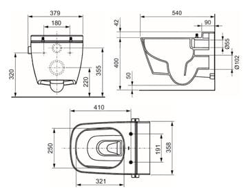 TECE ONE sprchovacie WC, pre studenú vodu, Rimless 9700201 Technický nákres