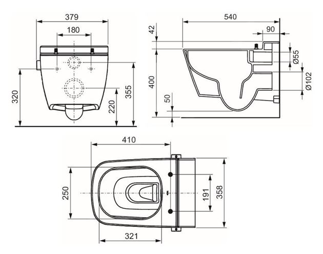 TECE ONE sprchovacie WC, pre studenú vodu, Rimless 9700201 Technický nákres
