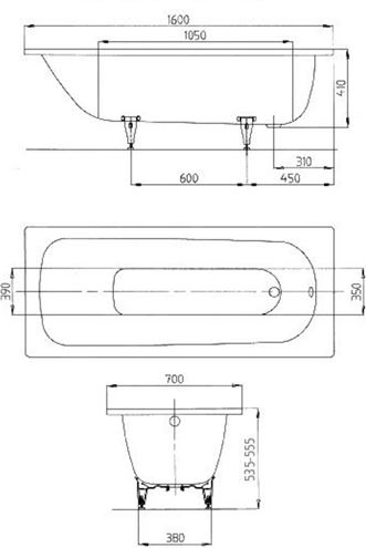 KALDEWEI SANIFORM PLUS 362-1 vaňa 160x70 cm, bez nožičiek, smaltovaná oceľ, Perl-Effekt 111700013001 Technický nákres