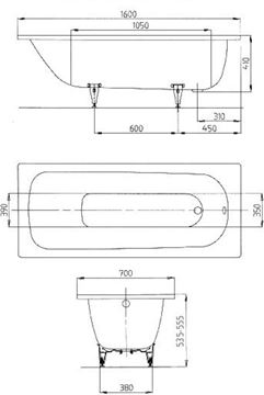 KALDEWEI SANIFORM PLUS 362-1 vaňa 160x70 cm, bez nožičiek, smaltovaná oceľ, antislip, Perl-Effekt 111730003001 Technický nákres