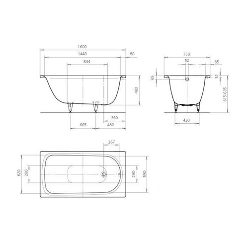 KALDEWEI SANIFORM PLUS 367 vaňa 160x75 cm, bez nožičiek, smaltovaná oceľ, Perl-Effekt 113800013001 Technický nákres