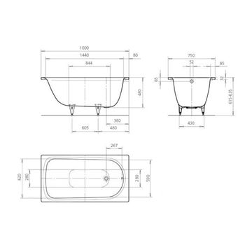 KALDEWEI SANIFORM PLUS 367 vaňa 160x75 cm, bez nožičiek, smaltovaná oceľ, Perl-Effekt 113800013001 Technický nákres
