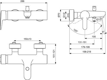 IDEAL STANDARD CONNECT BLUE vaňová nástenná batéria, s prepínačom, chróm B9921AA Technický nákres
