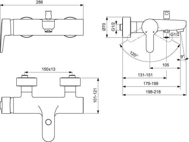 IDEAL STANDARD CONNECT BLUE vaňová nástenná batéria, s prepínačom, chróm B9921AA Technický nákres