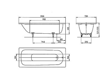 KALDEWEI SANIFORM PLUS 371-1 vaňa 170x73 cm, bez nožičiek, smaltovaná oceľ, Perl-Effekt 112900013001 Technický nákres
