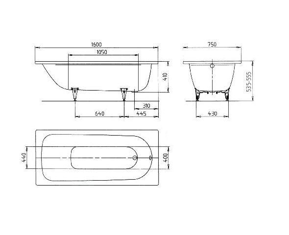 KALDEWEI SANIFORM PLUS 372-1 vaňa 160x75 cm, bez nožičiek, smaltovaná oceľ 112500010001 Technický nákres