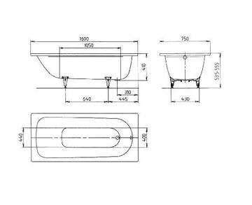 KALDEWEI SANIFORM PLUS 372-1 vaňa 160x75 cm, bez nožičiek, smaltovaná oceľ, antislip 112530000001 Technický nákres