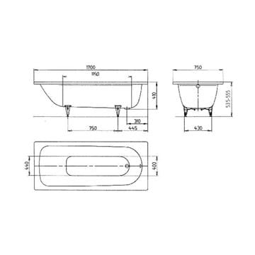 KALDEWEI SANIFORM PLUS 373-1 vaňa 170x75 cm, bez nožičiek, smaltovaná oceľ, antislip 112630000001 Technický nákres