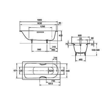 KALDEWEI SANIFORM PLUS 375-1 vaňa 180x80 cm, bez nožičiek, smaltovaná oceľ 112800010001 Technický nákres