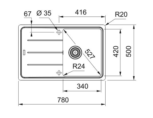 FRANKE BASIS BFG 611-78 fragranitový drez 780x500 mm, otočný, odkvapkávač, sahara 114.0285.184 Technický nákres