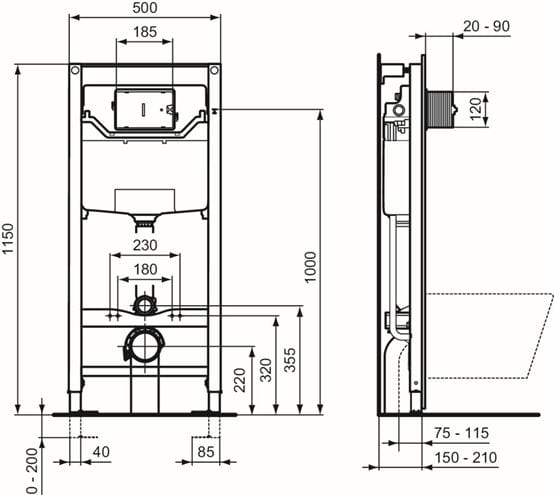 IDEAL STANDARD PROSYS montážny prvok pre WC 120 cm, so splachovacou nádržkou R009467 Technický nákres