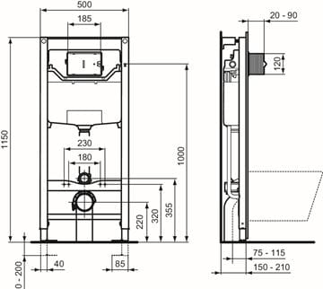 IDEAL STANDARD PROSYS montážny prvok pre WC 120 cm, so splachovacou nádržkou R009467 Technický nákres