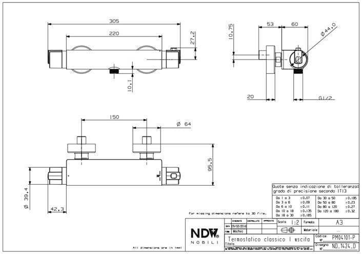 CONCEPT 100 sprchová nástenná termostatická batéria, chróm PM04101/CO Technický nákres