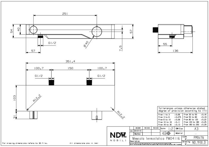 CONCEPT 100 sprchová nástenná termostatická batéria, chróm PM04116/CO Technický nákres