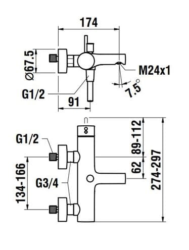 LAUFEN TWINPLUS vaňová nástenná batéria, s prepínačom, so sprchovou súpravou, chróm HF905460100600 Technický nákres