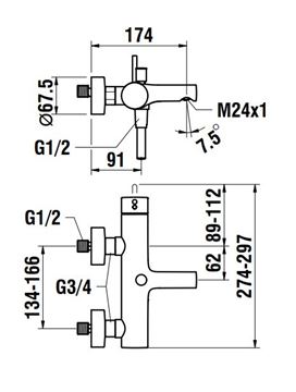 LAUFEN TWINPLUS vaňová nástenná batéria, s prepínačom, so sprchovou súpravou, chróm HF905460100600 Technický nákres