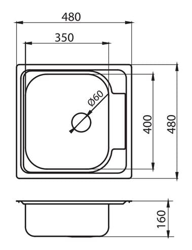 NOVASERVIS nerezový drez 480x480 mm DR48/48 Technický nákres