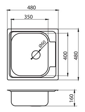NOVASERVIS nerezový drez 480x480 mm DR48/48 Technický nákres