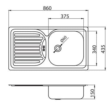 NOVASERVIS nerezový drez 860x435 mm, otočný, odkvapkávač DR43/86 Technický nákres