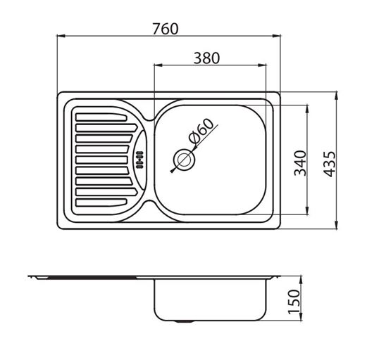 NOVASERVIS nerezový drez 760x435 mm, otočný, odkvapkávač DR43/76 Technický nákres