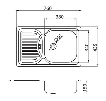 NOVASERVIS nerezový drez 760x435 mm, otočný, odkvapkávač DR43/76 Technický nákres