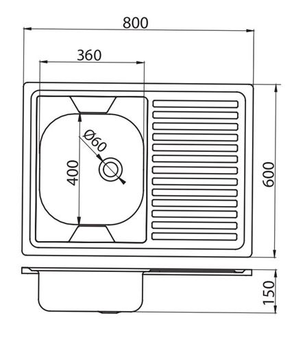 NOVASERVIS nerezový drez 800x600 mm, odkvapkávač vpravo DR60/80 Technický nákres
