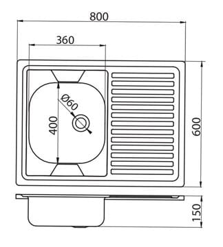 NOVASERVIS nerezový drez 800x600 mm, odkvapkávač vľavo DR60/80L Technický nákres