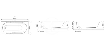 JIKA LYRA PLUS vaňa 150x70 cm, s nožičkami, akrylát H2298390000001 Technický nákres