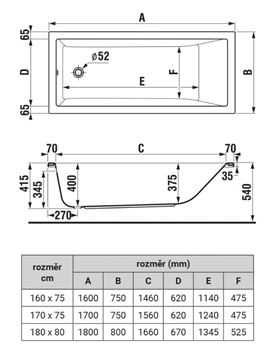 JIKA CUBITO PURE vaňa 180x80 cm, bez nožičiek, akrylát H2234200000001 Technický nákres