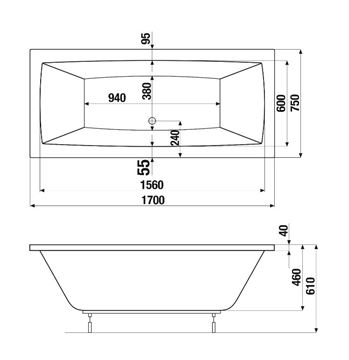 JIKA CUBITO PURE vaňa 170x75 cm, s nožičkami, akrylát H2264200000001 Technický nákres