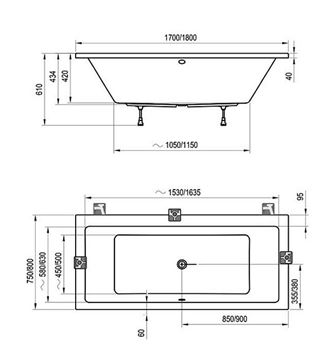 RAVAK FORMY 01 vaňa 180x80 cm, bez nožičiek, akrylát C881000000 Technický nákres