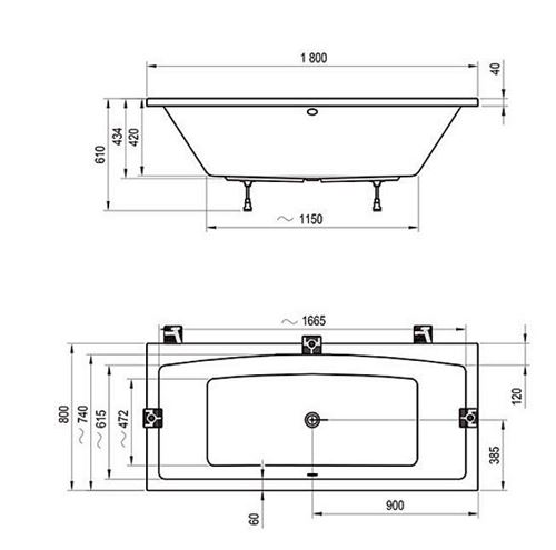 RAVAK FORMY 02 vaňa 180x80 cm, bez nožičiek, akrylát C891000000 Technický nákres