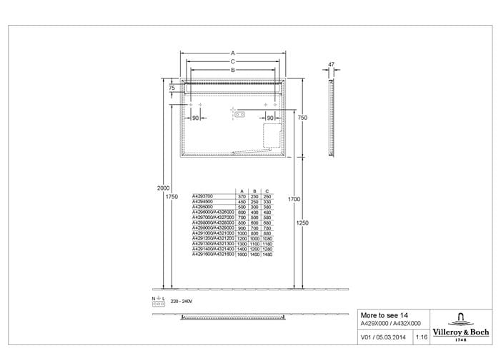 VILLEROY & BOCH MORE TO SEE 14 zrkadlo 160x75 cm, s osvetlením, s reguláciou teploty svetla, s reguláciou stmievania, so senzorom A4291600 Technický nákres