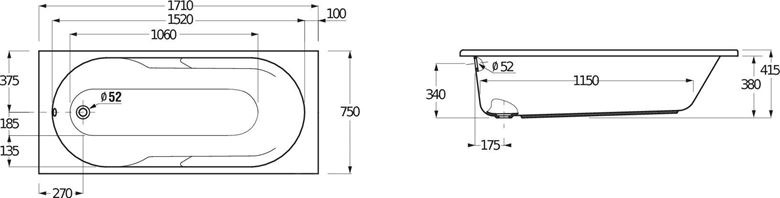 JIKA LYRA PLUS vaňa 170x75 cm, s nožičkami, akrylát H2328390000001 Technický nákres