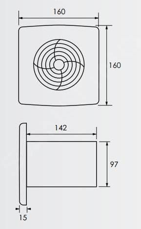 ZEHNDER SILENT TIMER axiálny ventilátor 100 mm, nástenný/stropný, s časovačom a spätnou klapkou, bez predného panelu ZSR100TR Technický nákres