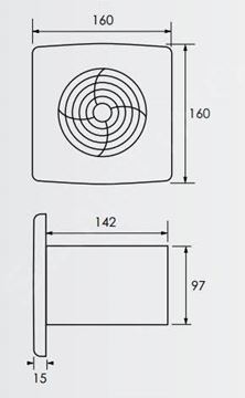 ZEHNDER SILENT TIMER axiálny ventilátor 100 mm, nástenný/stropný, s časovačom a spätnou klapkou, bez predného panelu ZSR100TR Technický nákres