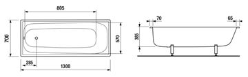 JIKA RIGA vaňa 130x70 cm, bez nožičiek, smaltovaná oceľ H2340300000001 Technický nákres